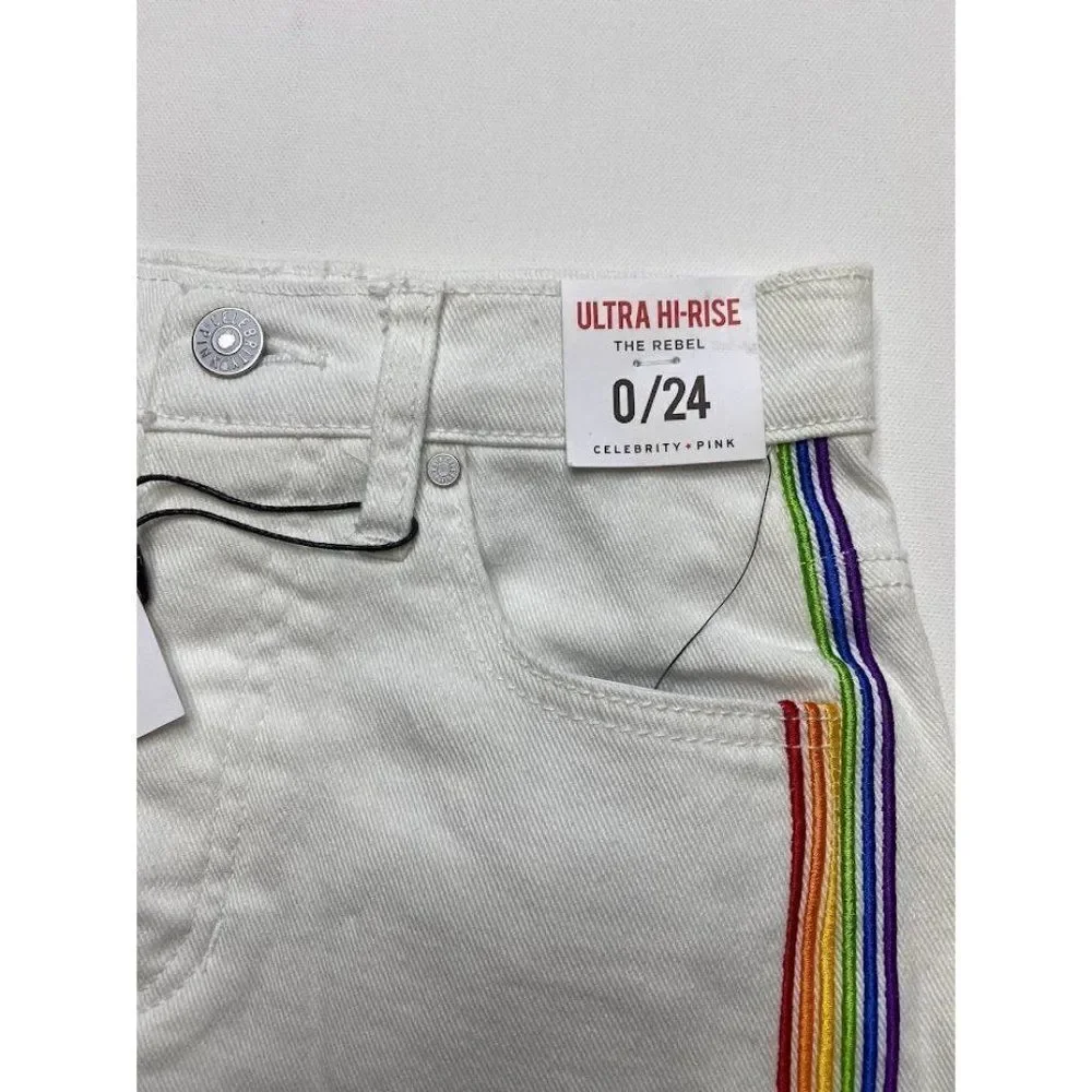Celebrity Pink Jean Shorts 0 White Juniors' Rainbow Stripe Stretch‎ Raw-Hem NEW